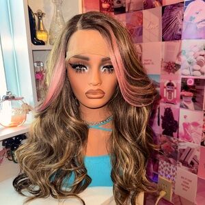 Brown and Pink Highlight Valentines Day Lace Front Wig